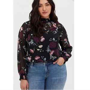 Torrid Women's Chiffon Blouse Smocked Mock Neck Floral Skull Butterfly Size 1 1X